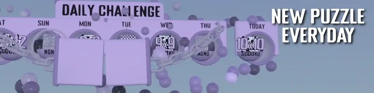 An animated loop of the Daily Challenge rack: a puzzle ball for each day of the week, each showing its mode and size, swinging into place next to a panel giving today's difficulty and par time, under the caption New Puzzle Everyday.