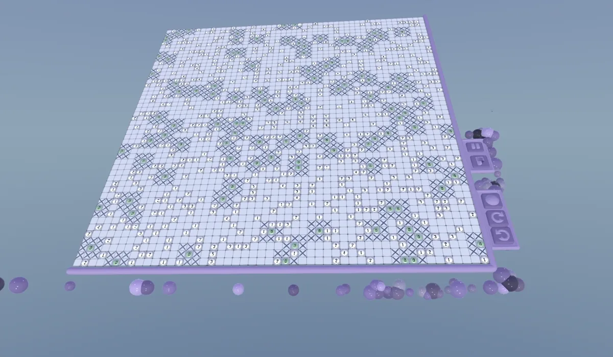 A 50x50 Minesweeper board tilted away from the viewer in passthrough, filling the room, its cells still large enough to read and hit at the far edge.