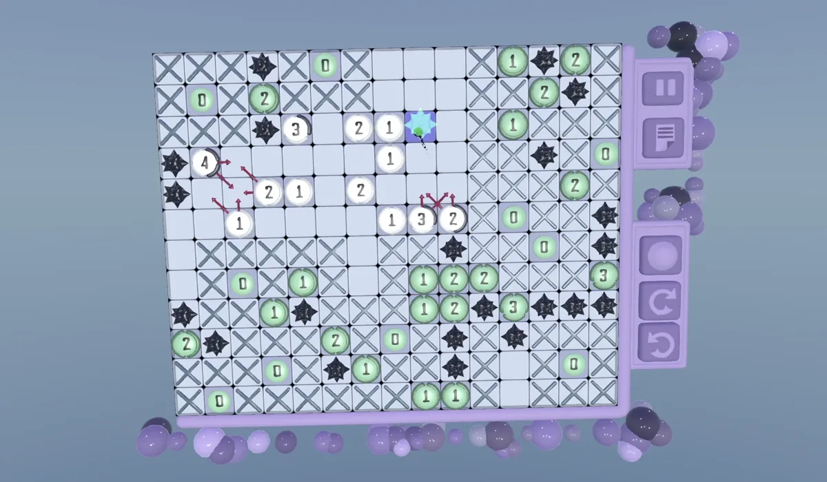 A Minesweeper board mid-solve in passthrough. Number clues sit on raised domes across the grid, several cells carry mine marks and safe marks, and a couple of faint ghost ticks sit beside a clue that is still being worked out.
