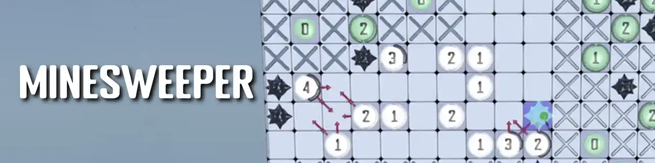 An animated loop of a Minesweeper board being solved: clue numbers with ghost arrows pointing at the cells around them, safe cells crossed off and mines marked, under the captions Minesweeper and Zero Guess Work.