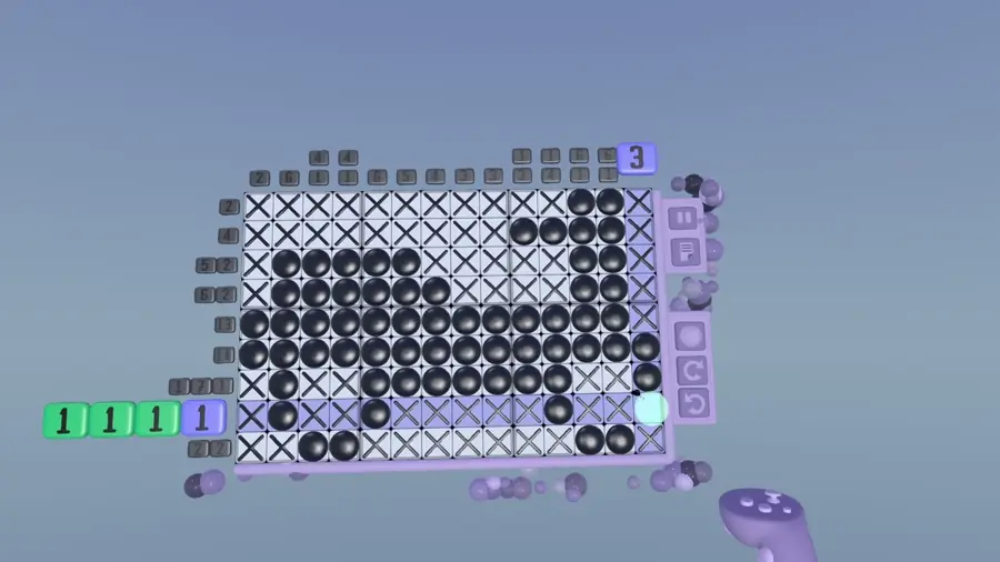 An animated loop of a nonogram being completed: the last black cell goes in and the remaining white cells scramble and wipe into place until the picture is finished.