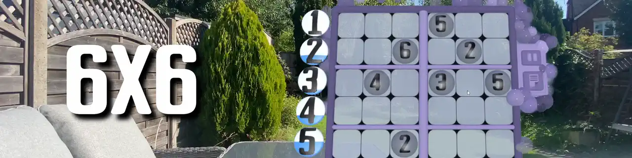 A Sudoku board in passthrough on a garden table, cycling through board sizes from 6x6 up to 16x16 with the number tally alongside.