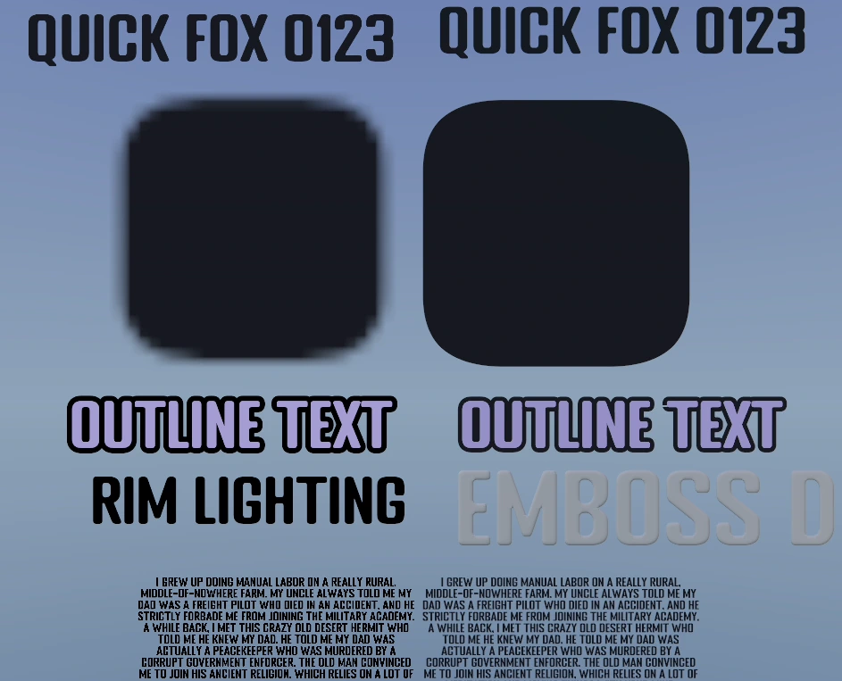 Side by side text comparison: the old baked font on the left is soft and pixelated, the new GPU vector font on the right is crisp at the same size, including outline, rim lighting and emboss styles.